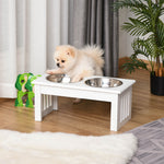 Gamelles chiens surélevées gamelle double chien chat Porte-gamelles surélevé dim. 44L x 24l x 15H cm 2 gamelles 0,9L acier inox. incluses bois blanc