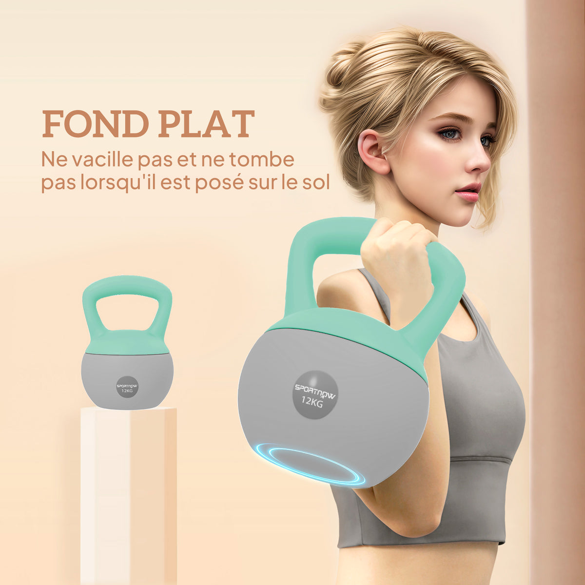 Kettlebell 12 kg haltère avec poignée antidérapante pour fitness musculation cardio, 21 x 21 x 30 cm, gris et vert