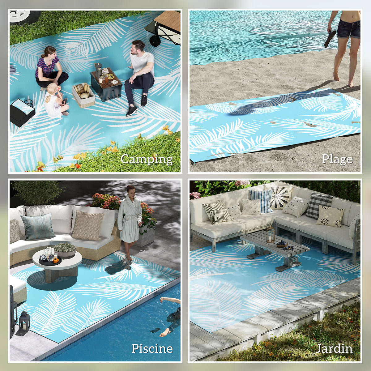 Tapis d'extérieur réversible 274x182 cm, tapis de sol en PP résistant aux intempéries, sac de transport, bleu
