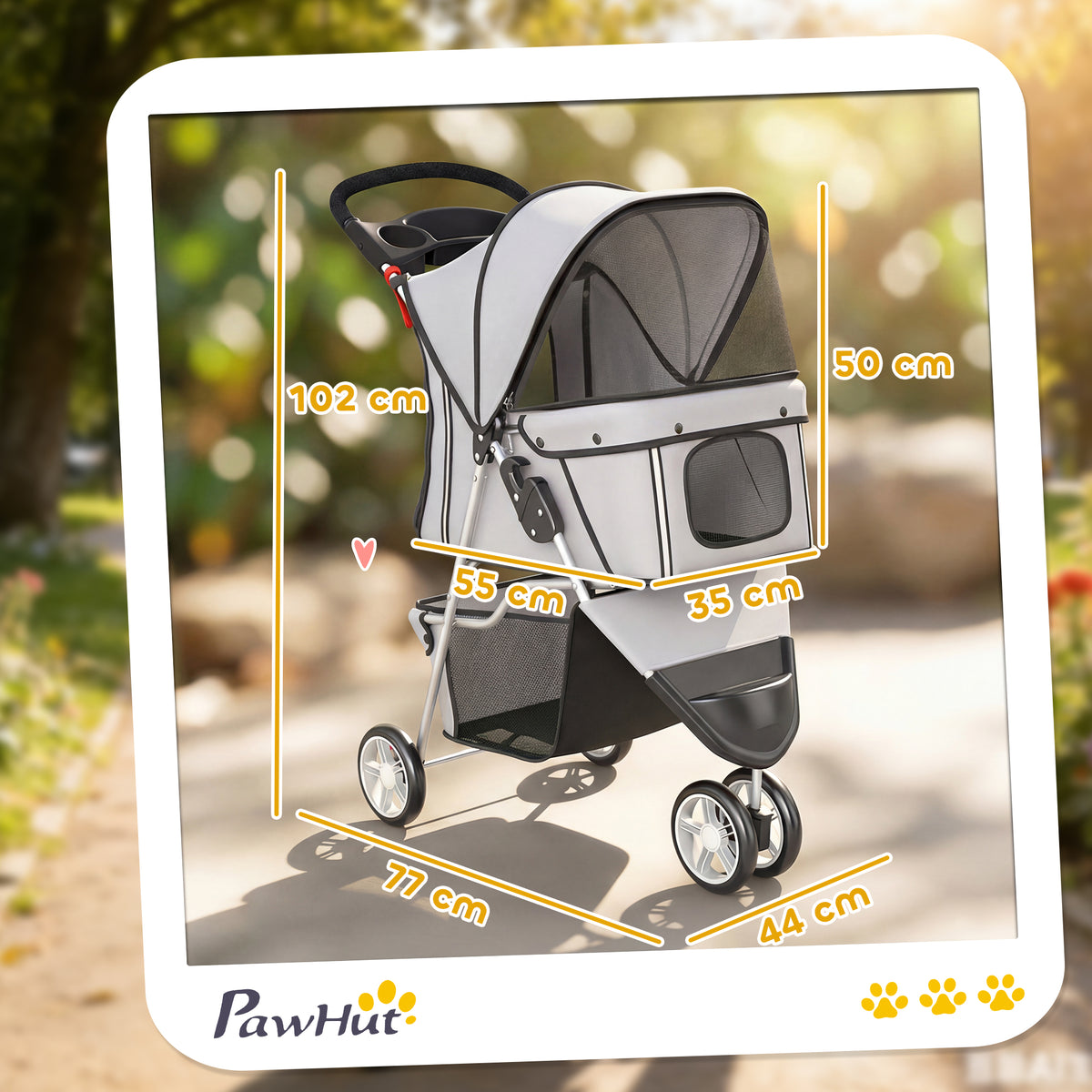 Poussette pour Chien 4 Roues, Chariot Pliable avec Auvent Réglable, Panier de Rangement, 77x44x102cm, Gris