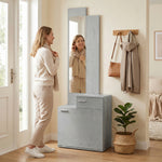 Ensemble meuble d'entrée avec meuble à chaussures abattant, vestiaire avec miroir, tiroir et plateau, gris