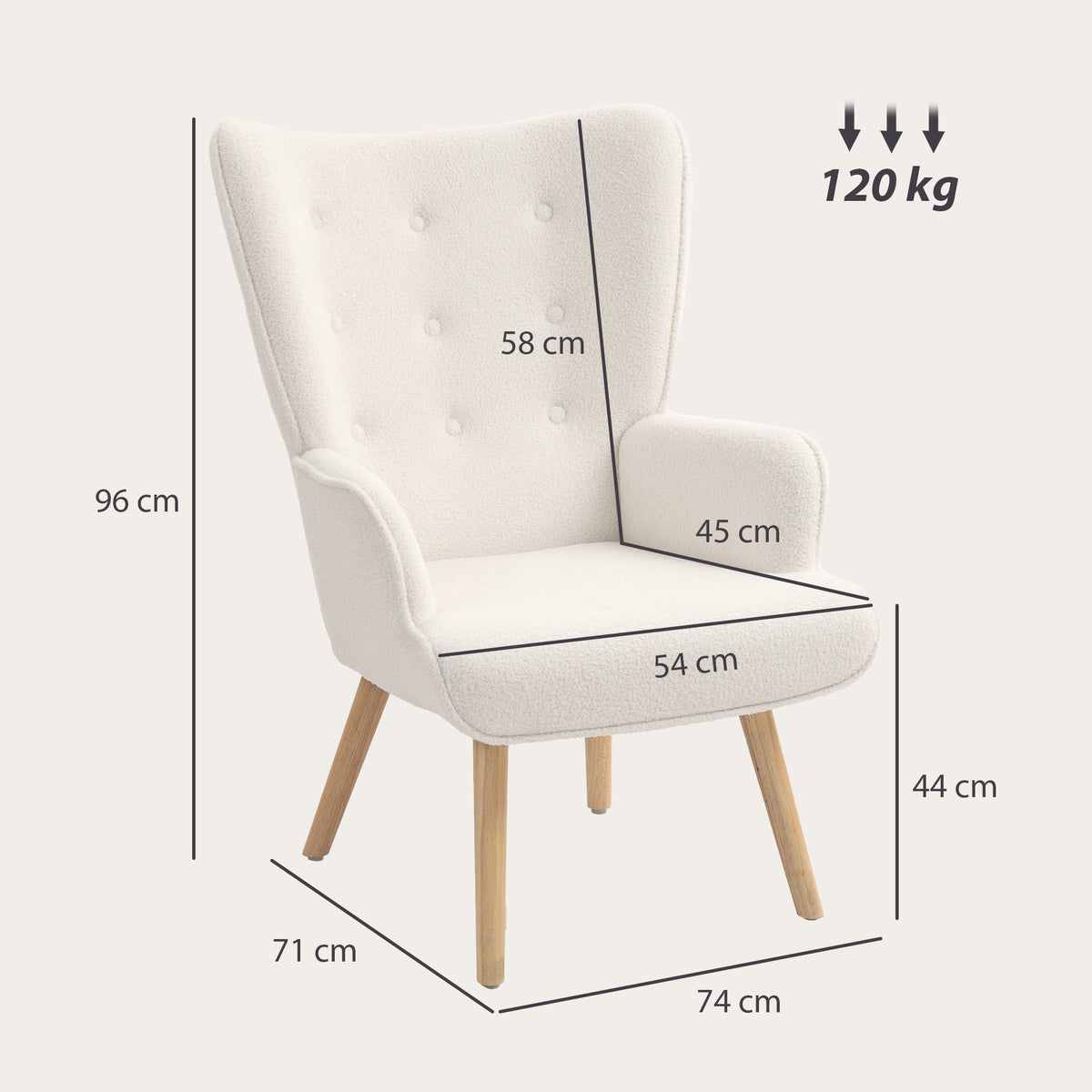Fauteuil de salon en tissu bouclette, fauteuil capitonné et rembourré avec pieds en bois, 71 x 74 x 96 cm, beige
