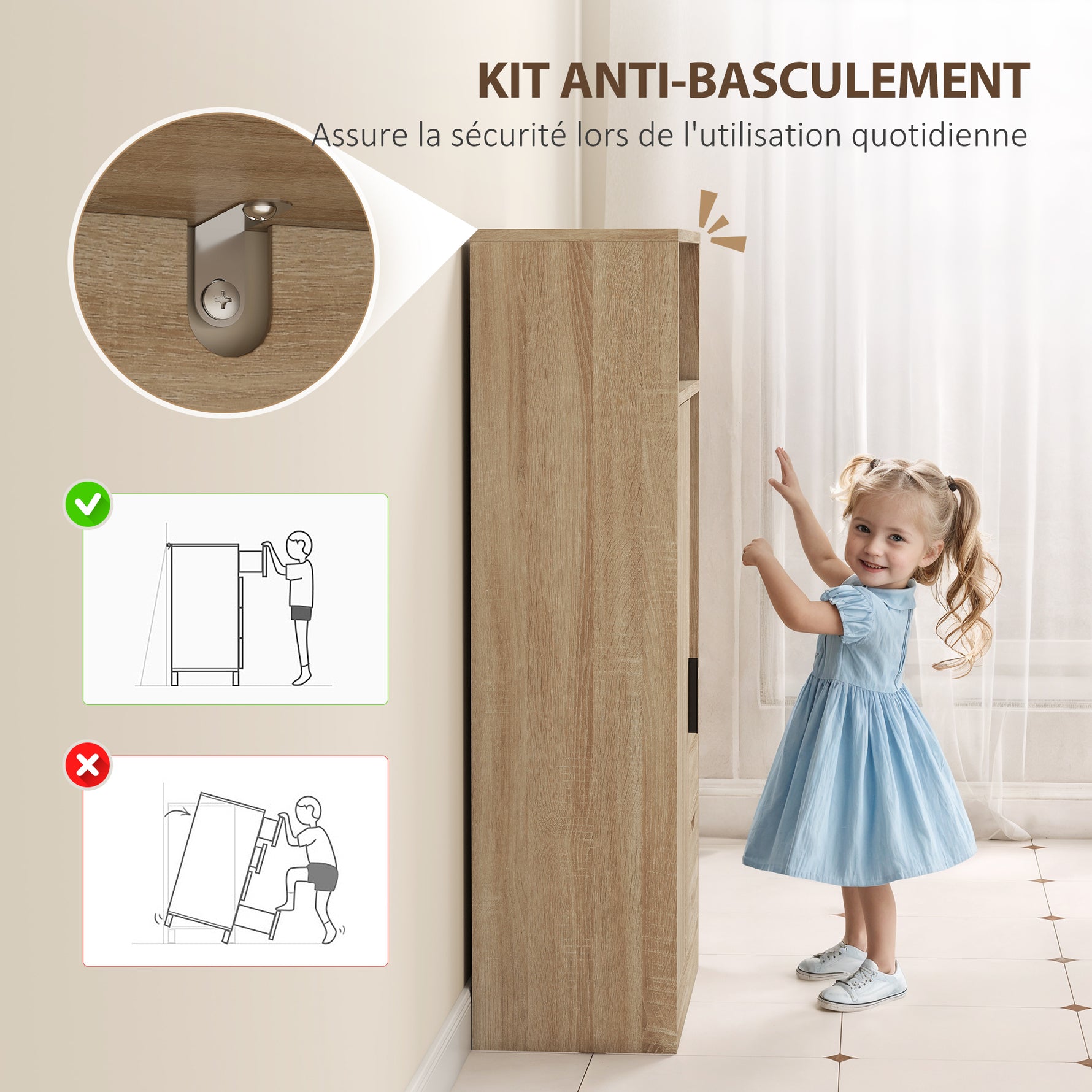 Meuble de salle de bain, meuble de rangement étroit avec 2 tiroirs, compartiments ouverts, 50x25x100cm, bois naturel