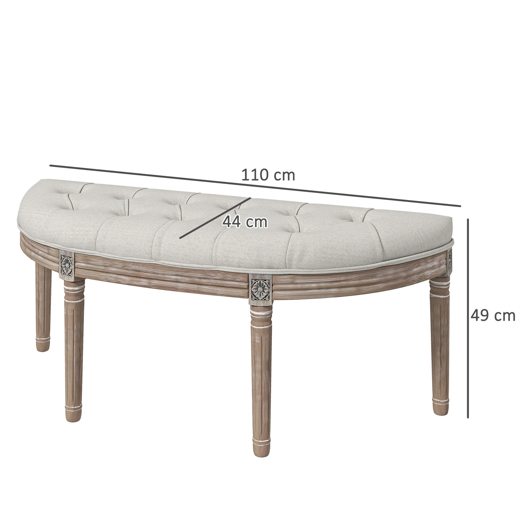 Banc bout de lit en forme demi-lune style Louis XVI structure en bois massif sculpté siège en tissu aspect lin crème