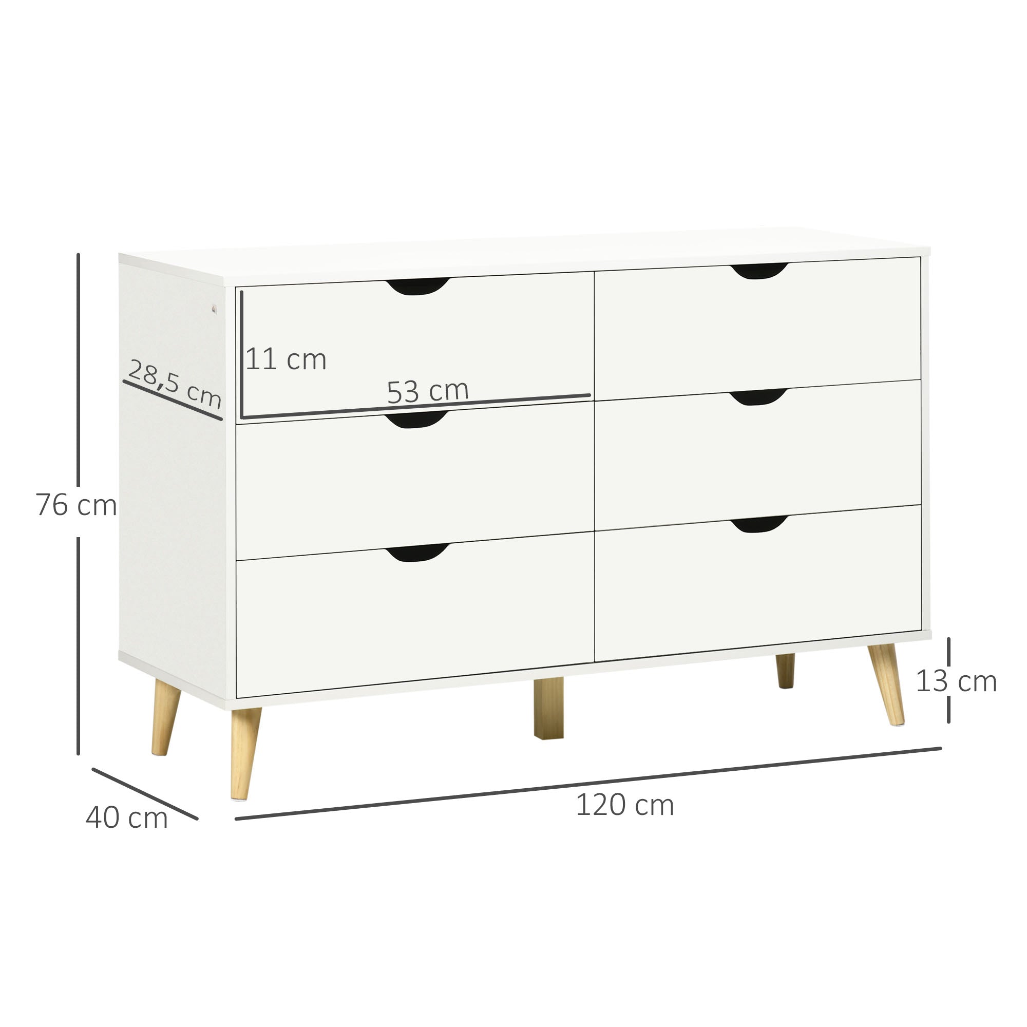 Commode 6 tiroirs meuble de rangement 5 pieds biseautés en bois  120 x 40 x 76 cm blanc