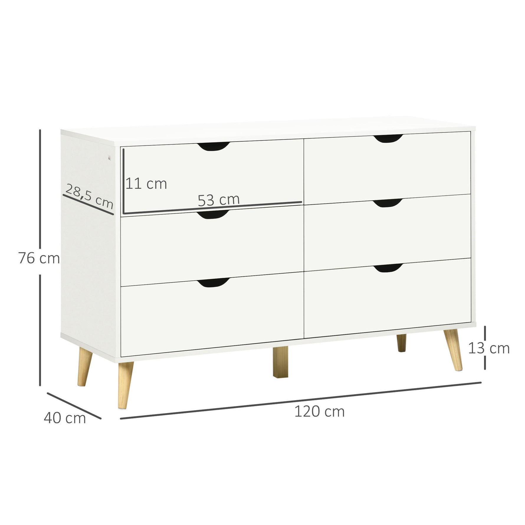 Commode 6 tiroirs meuble de rangement 5 pieds biseautés en bois  120 x 40 x 76 cm blanc