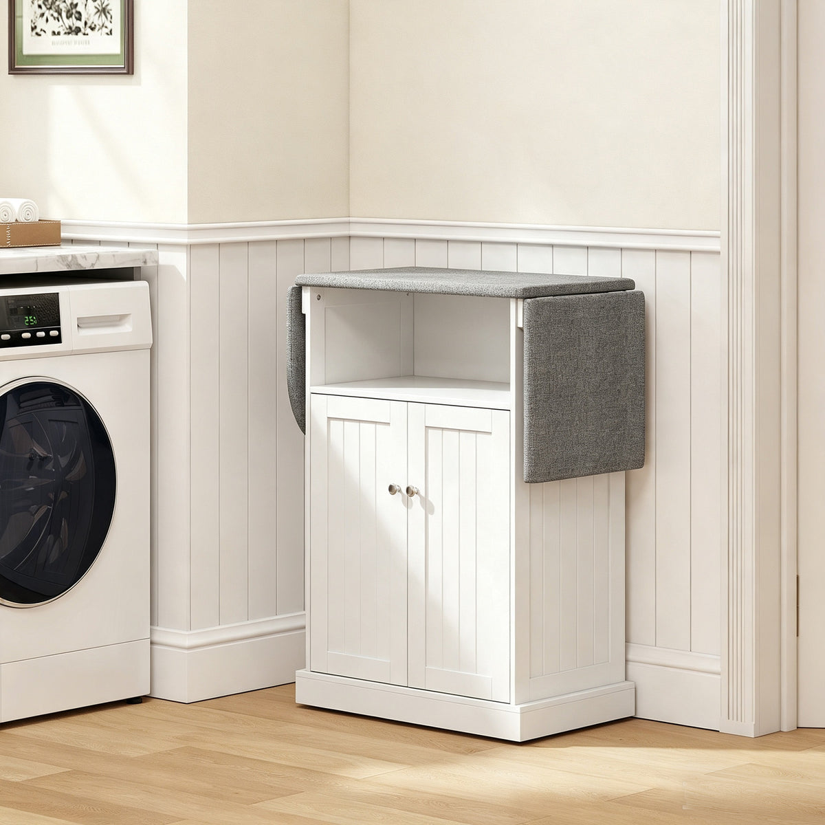 Ironing cabinet on wheels, ironing board with foldable ironing surface, 131 x 37 x 89.5 cm, white