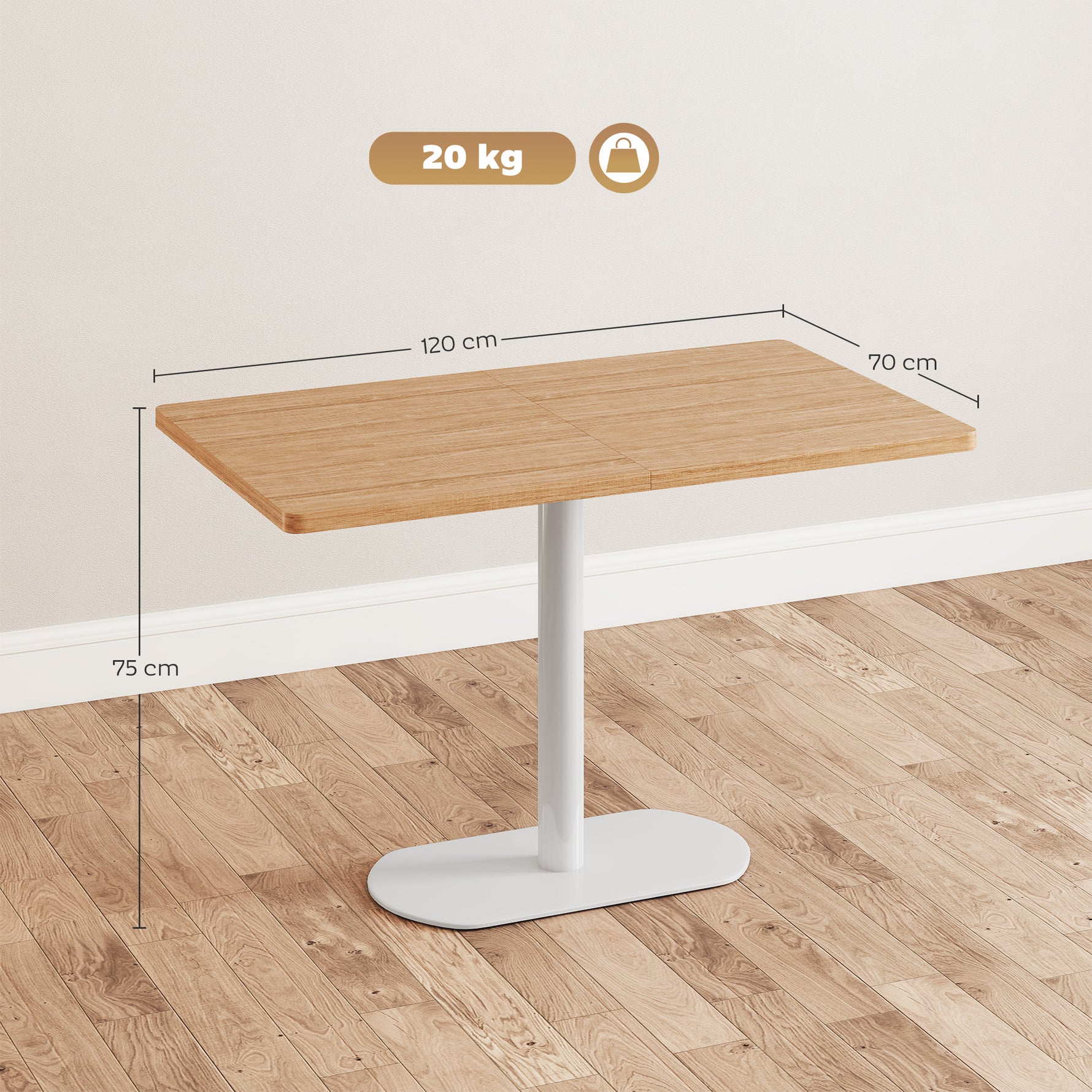 Table à manger rectangulaire pour 6 personnes, 120 x 70 x 75 cm, table de cuisine piétement et plateau épais chêne blanc
