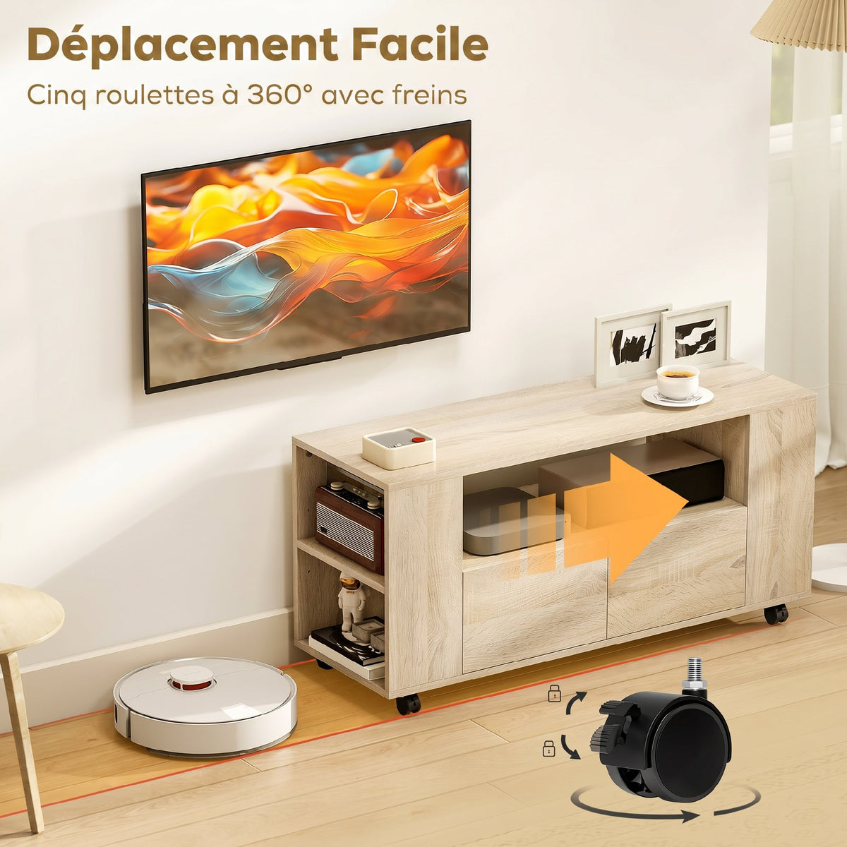 Meuble TV sur roulettes 102 cm, meuble télé pour téléviseur jusqu'à 42 pouces, 2 tiroirs, compartiments ouverts, naturel