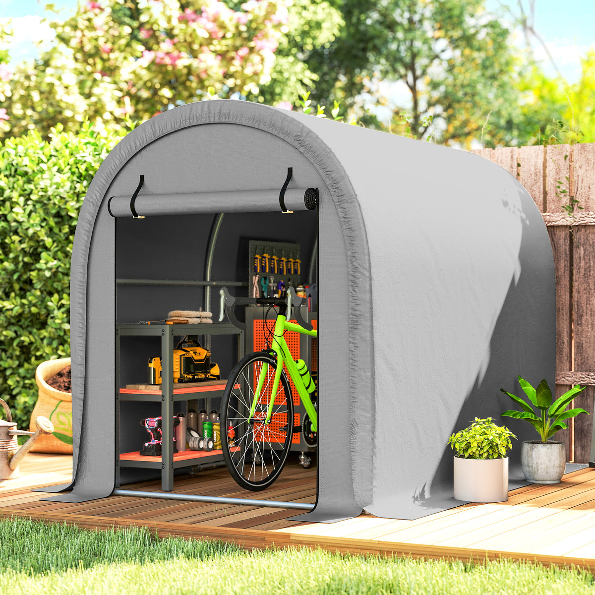 Abri de Jardin Tente de Stockage Acier Galvanisé & 160g/m² PE Anti-UV pour Moto et Tondeuse 159x240x185cm Gris Clair