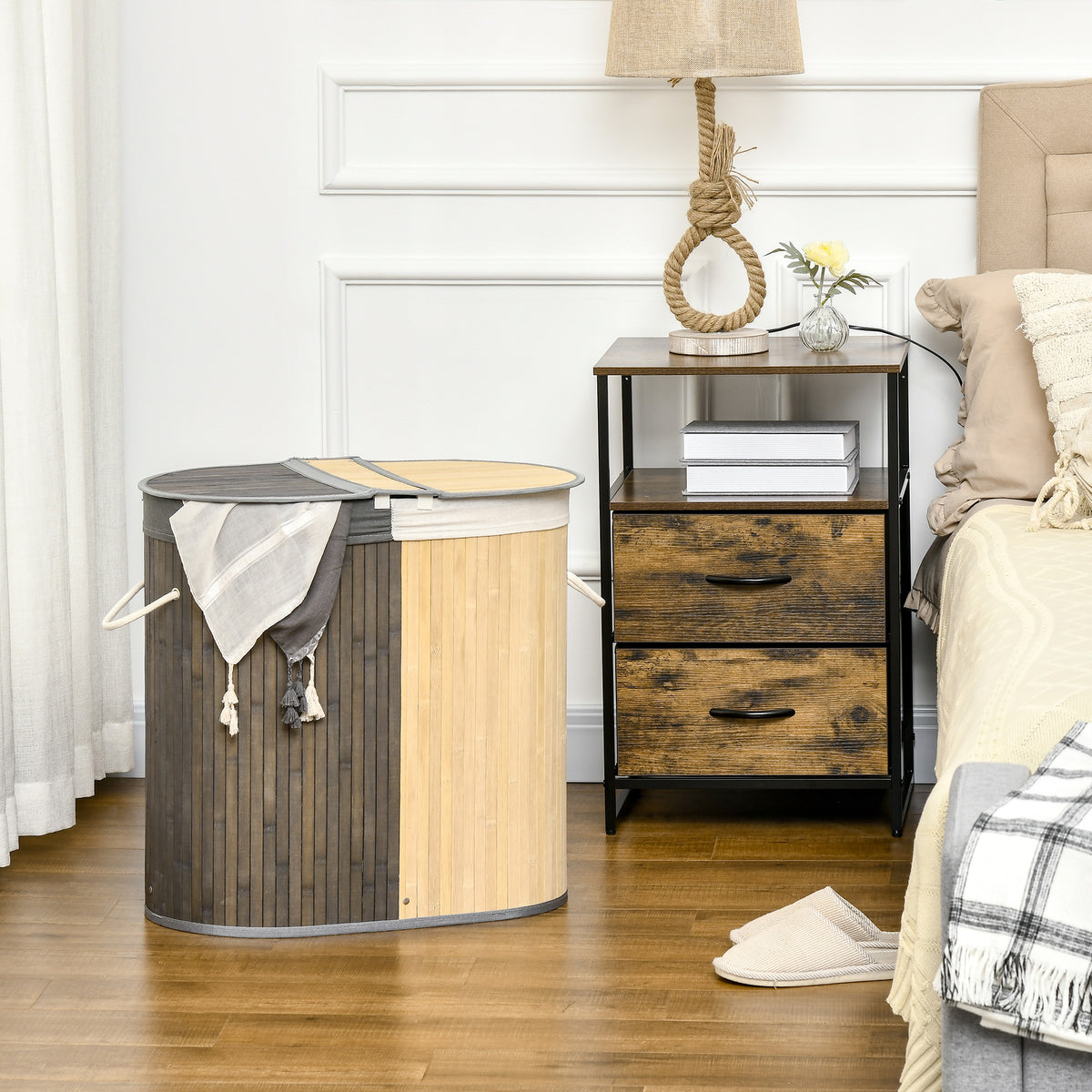 Cestino portabiancheria in bambù da 100 L con 2 scomparti, coperchio e sacco rimovibile, 62,5 x 37 x 60,5 cm - grigio