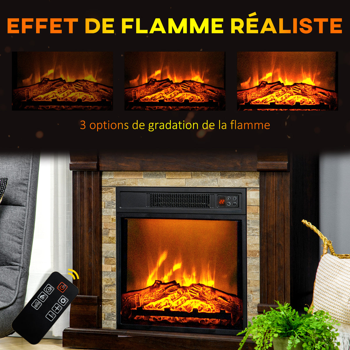 Cheminée électrique, cheminée décorative 1800W effet flamme, luminosité et température réglables, 80x21,6x67,8cm, marron