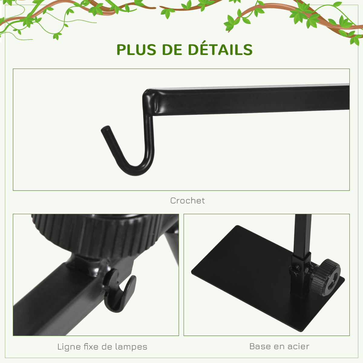 Support de lampe chauffante pour reptiles hauteur et largeur réglables pour amphibiens base en acier 32 x 9 x 67 cm noir