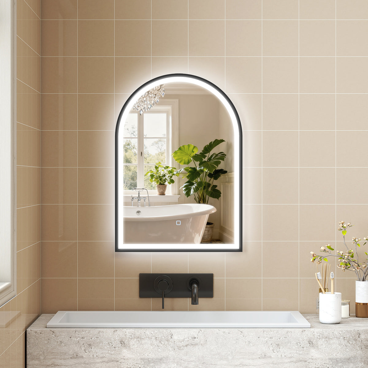 Espejo de baño con iluminación 50 x 70 cm, espejo LED arqueado, antivaho, 3 colores de luz, regulable, memoria, negro
