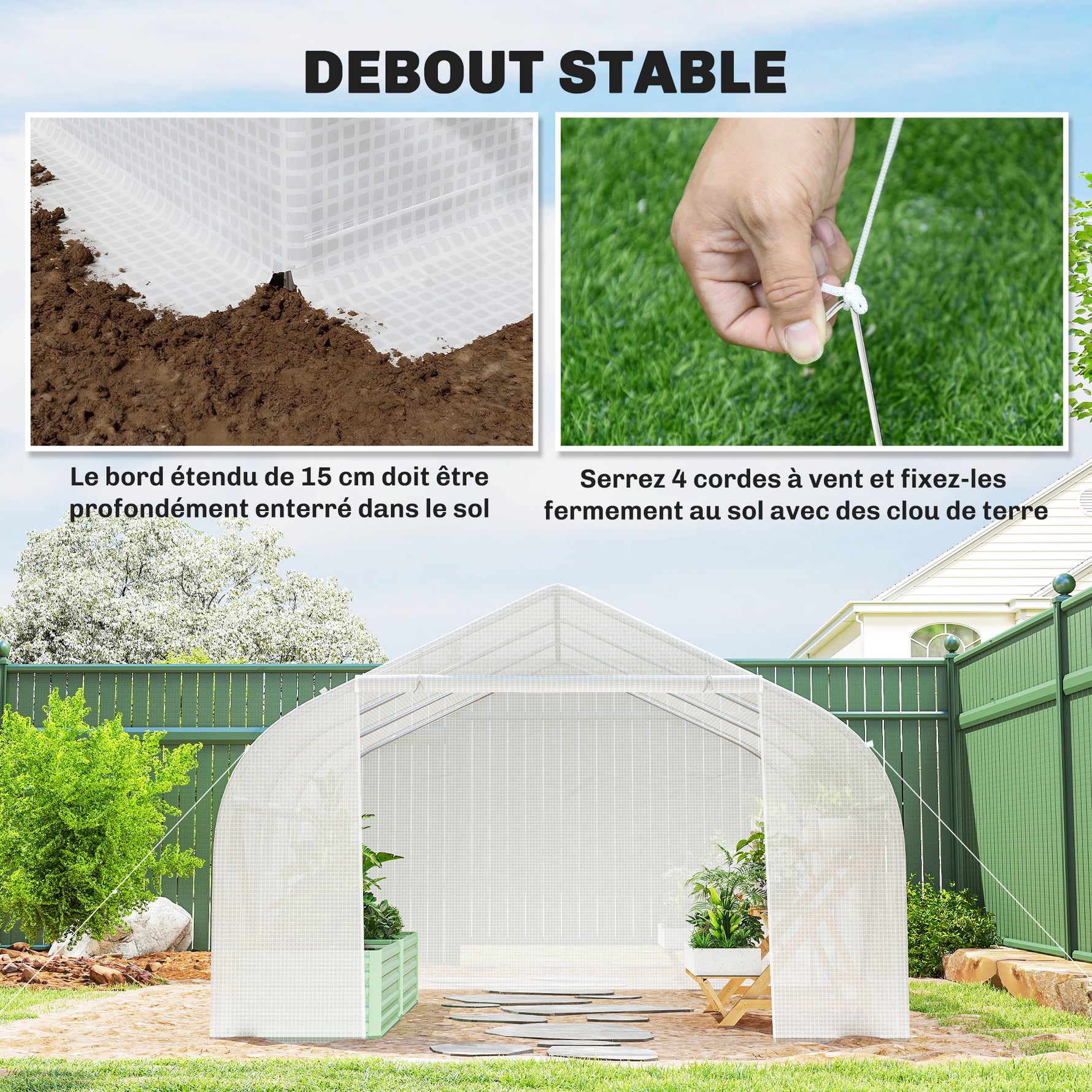 Serre Tunnel de Jardin 13,35 m² dim. 4,5L x 3l x 2H m Porte + 6 fenêtres enroulables Acier galvanisé bâche PE Haute densité Blanc