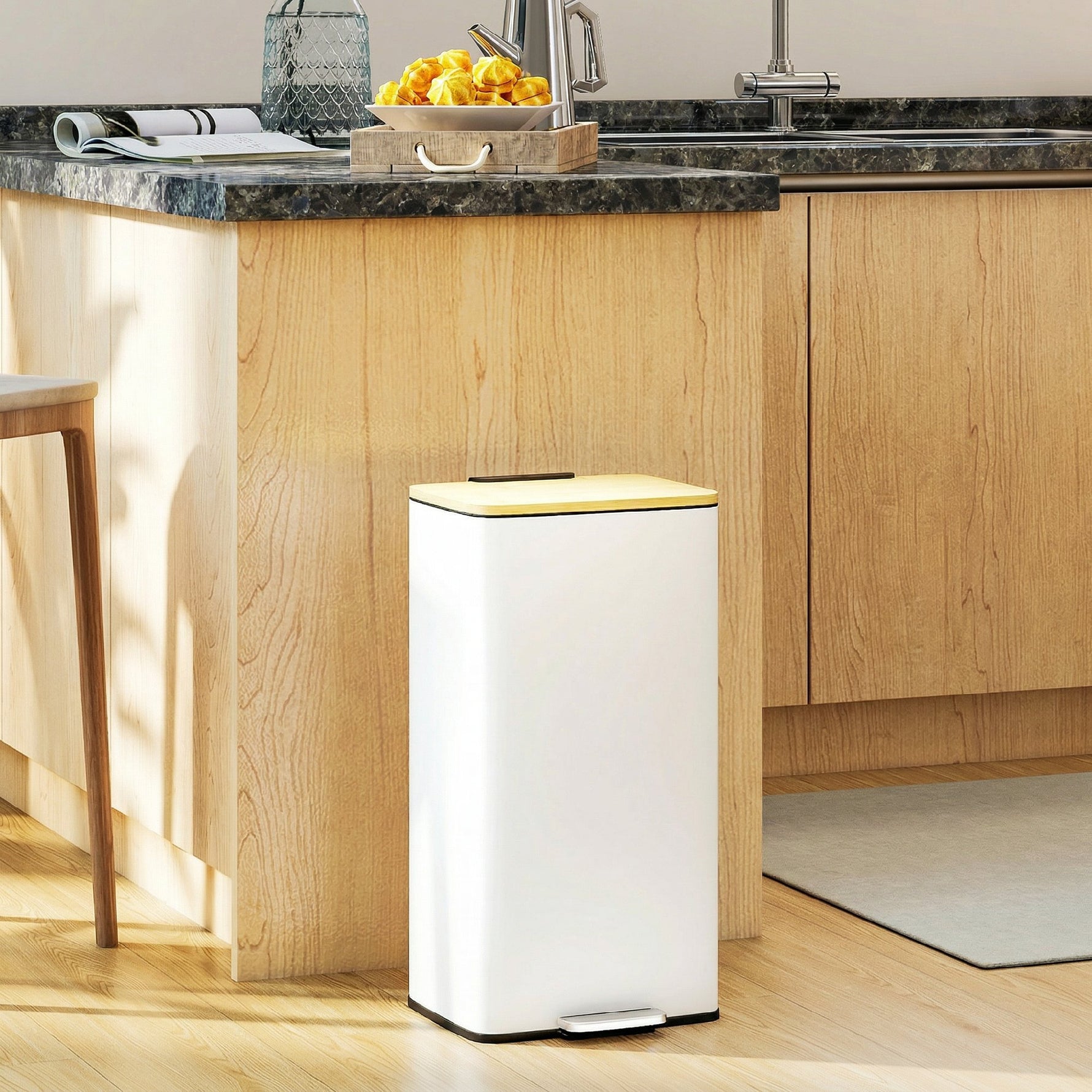 Poubelle de Cuisine 20L, Poubelle avec Pédale, Couvercle en Bambou à Fermeture Douce, Seau Intérieur Amovible, Blanc