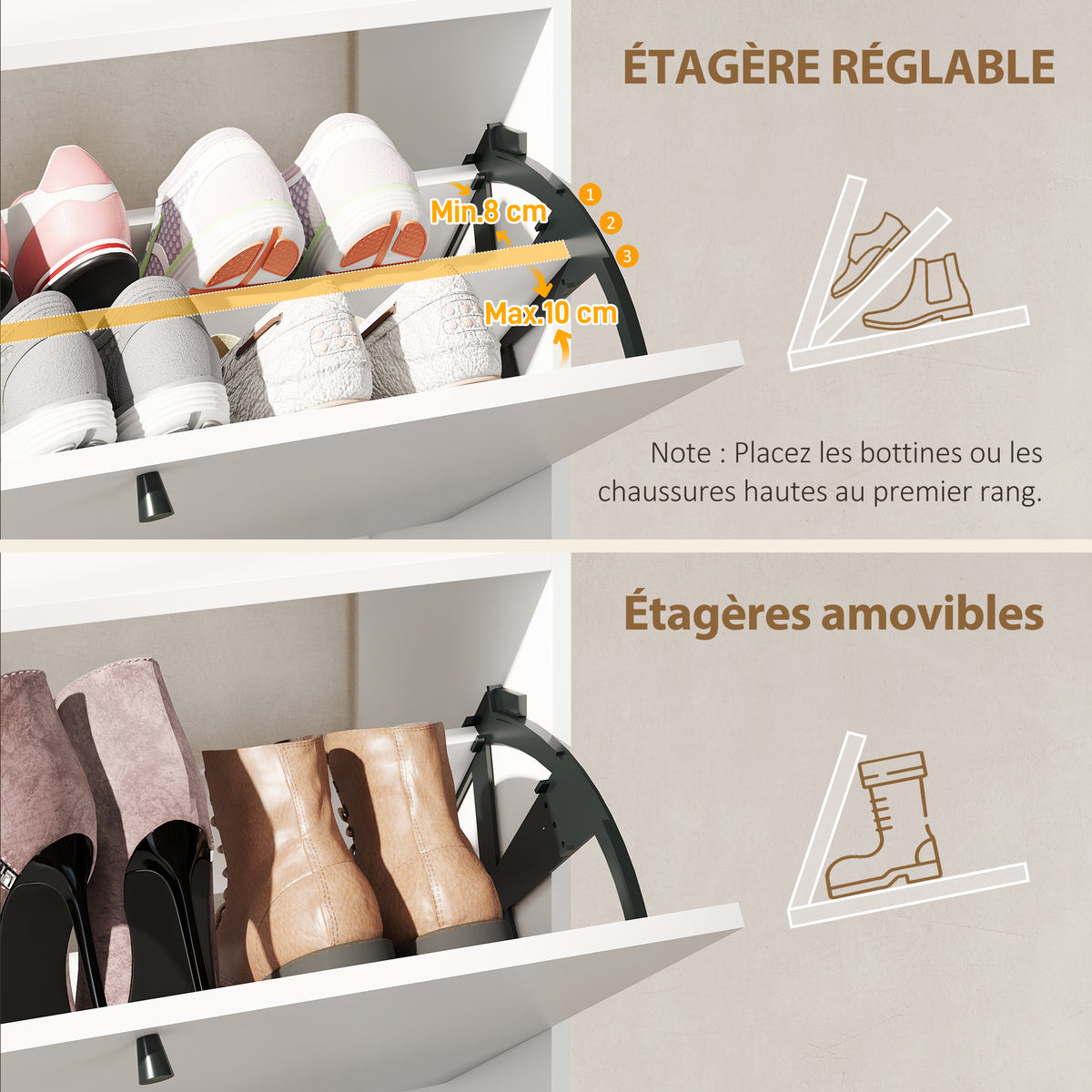 Meuble à chaussures 16 paires, armoire à chaussures avec 2 tiroirs rabattables, étagères réglables, 80x24x101cm, blanc