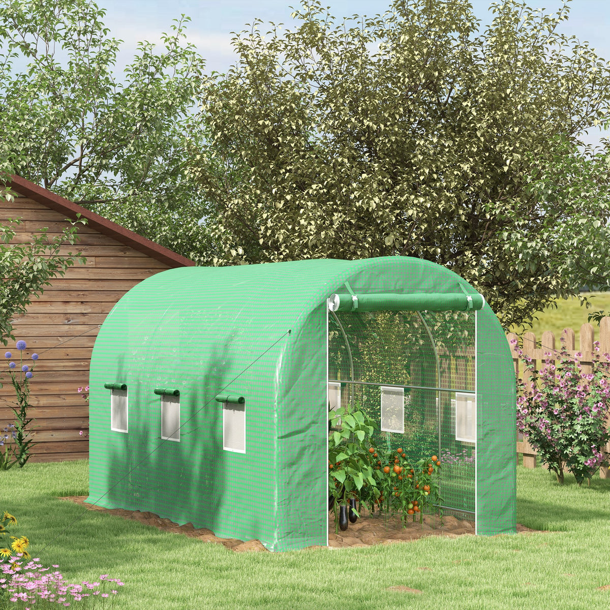 Serra da giardino a tunnel, superficie a terra 8 m², 4L x 2P x 2,05A m, telaio tubolare, porta con cerniera, 6 finestre avvolgibili, verde