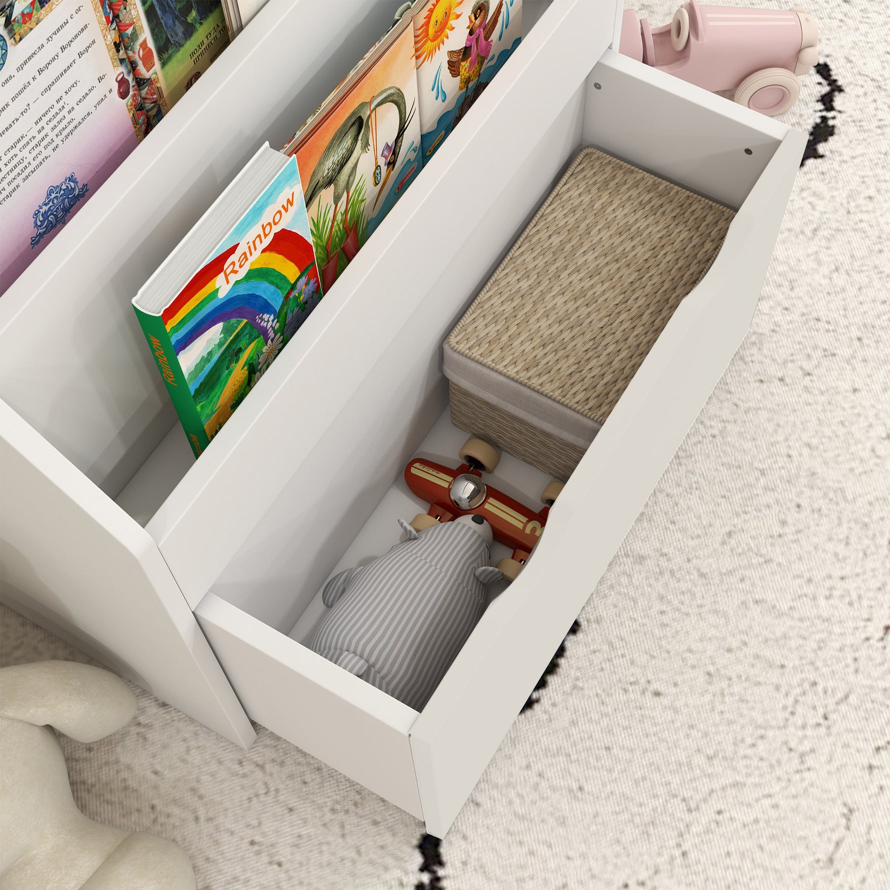 Bibliothèque pour enfants Multi-Rangement avec 3 niveaux d'étagères et un tiroir, 62,5L x 30l x 70H cm, blanc