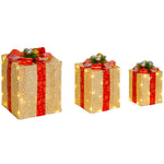Boîtes cadeaux Noël lumineuse décorations de Noël avec nœud 58 lumières lot de 3 boîtes à cadeaux à LED or