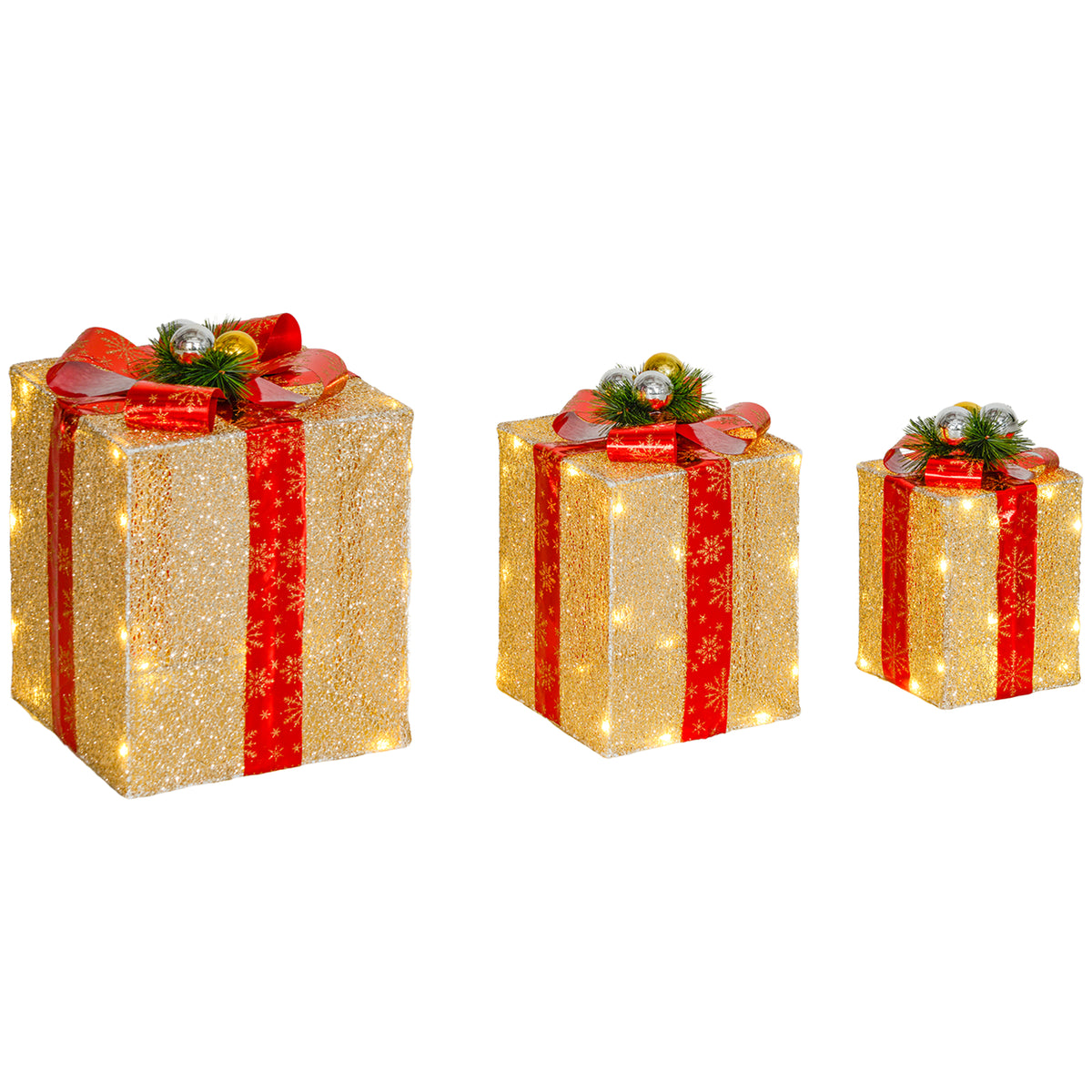 Boîtes cadeaux Noël lumineuse décorations de Noël avec nœud 58 lumières lot de 3 boîtes à cadeaux à LED or