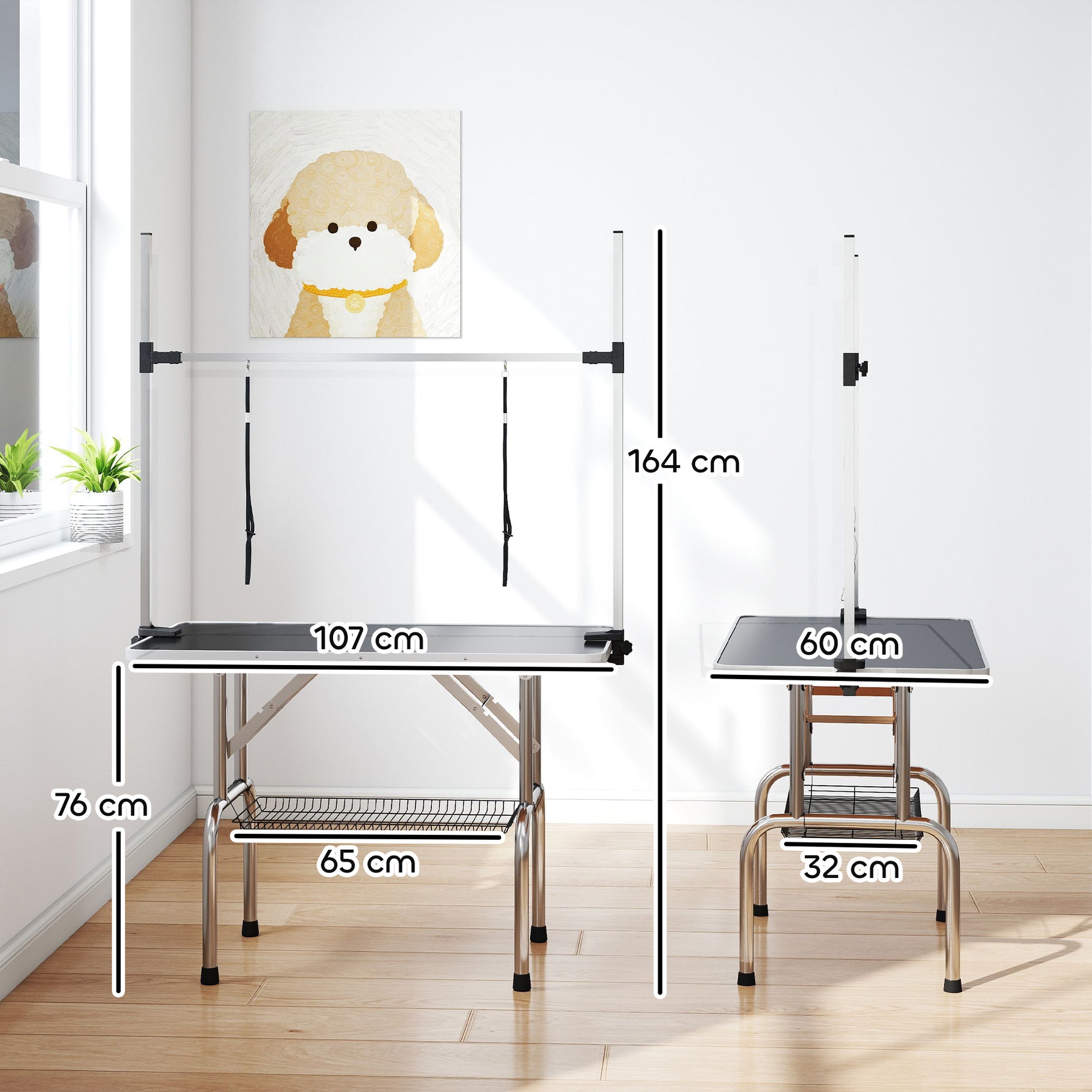 Table de toilettage pour chien pliante potence H-forme inox réglable 2 sangles panier 107 x 60 x 164 cm noir