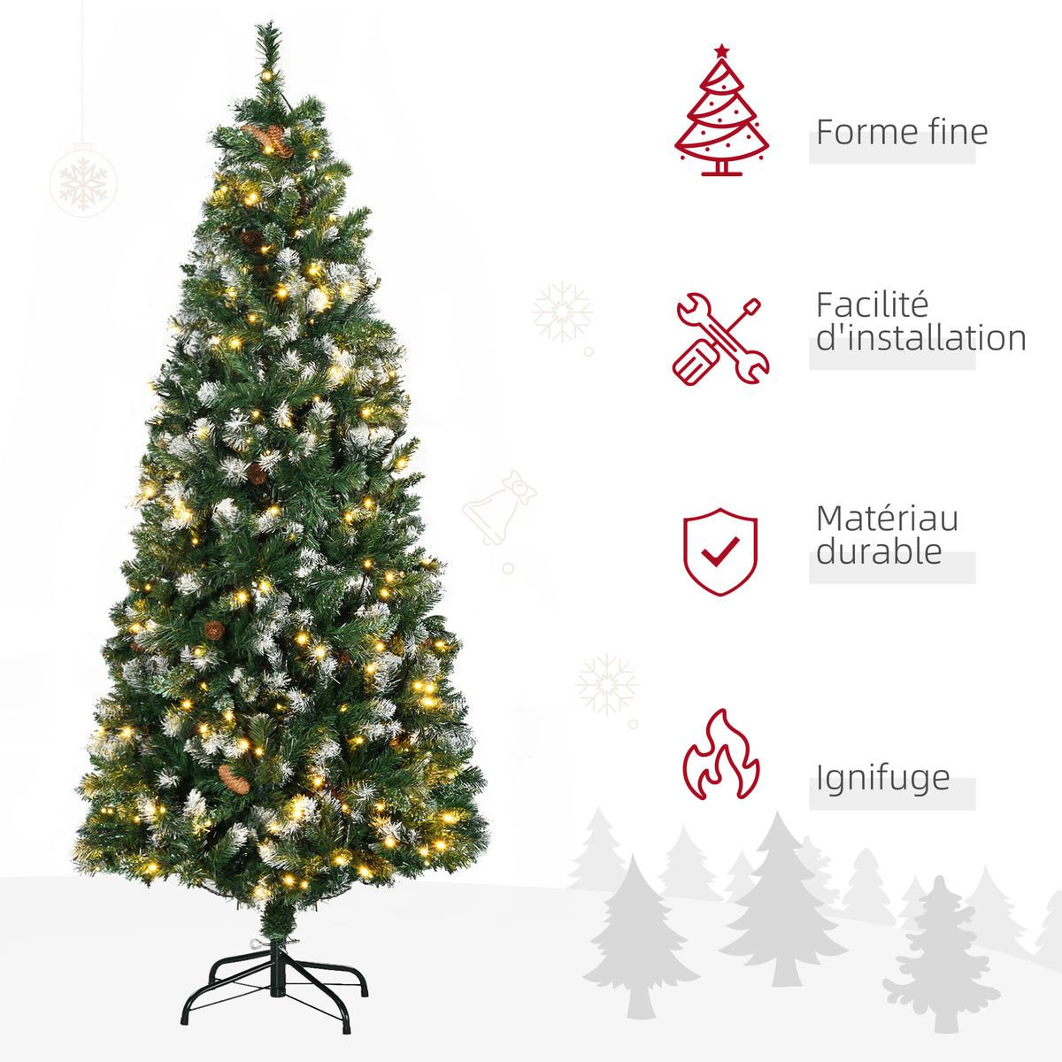 Sapin de Noël artificiel lumineux 703 branches 250 LED 30 pommes de pin support pied pliable hauteur 180 cm Ø 80 vert