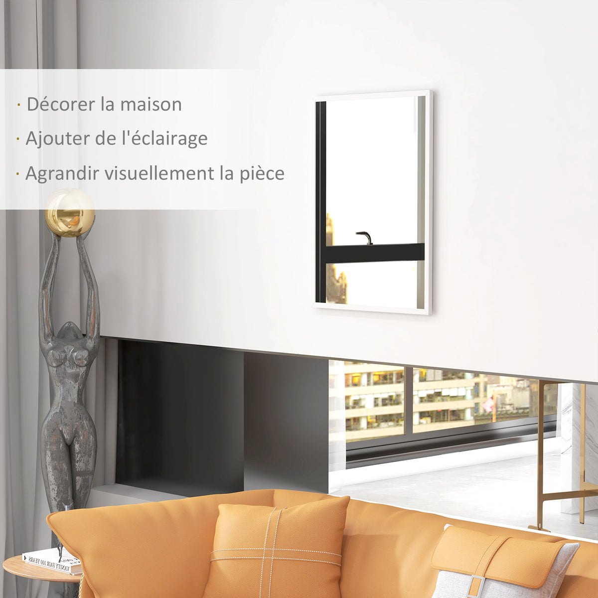 Miroir mural rectangulaire 60 x 80 cm, cadre en MDF, idéal pour la salle de bain, salon ou chambre, blanc