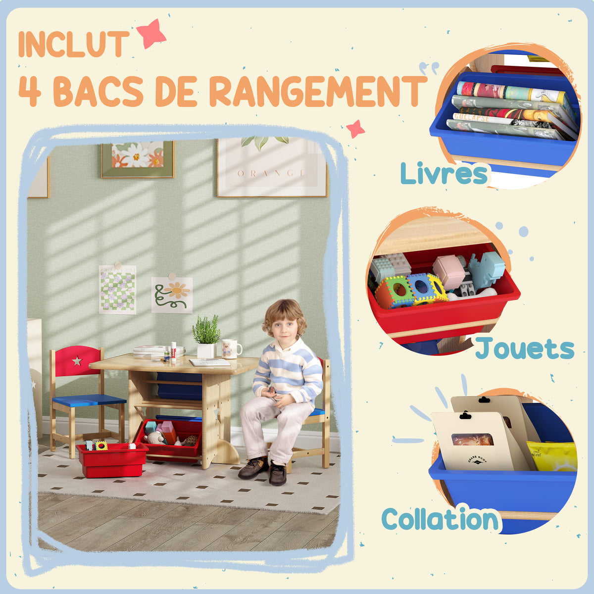 Table enfant avec 2 chaises ensemble table et chaises enfants 3 pièces en bois avec 4 bacs de rangement bois naturel