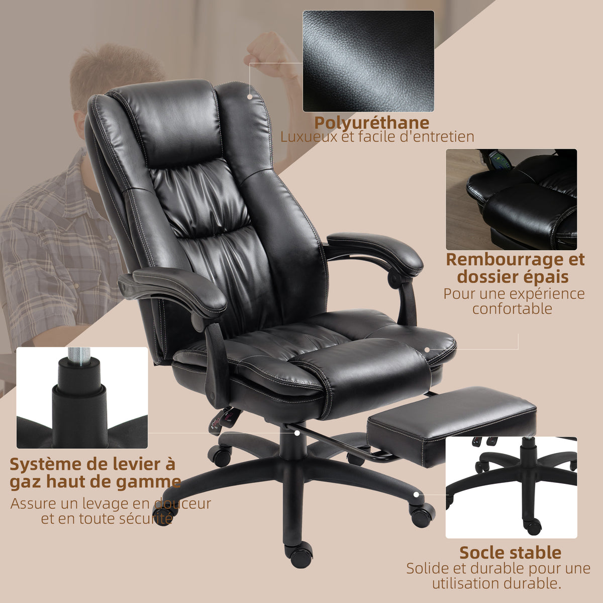 Fauteuil de bureau massant, chaise de bureau avec hauteur réglable, dossier inclinable et télécommande filaire, noir
