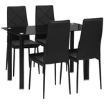 Dining table set with 4 chairs, tempered glass top, steel legs, for kitchen, living room, black