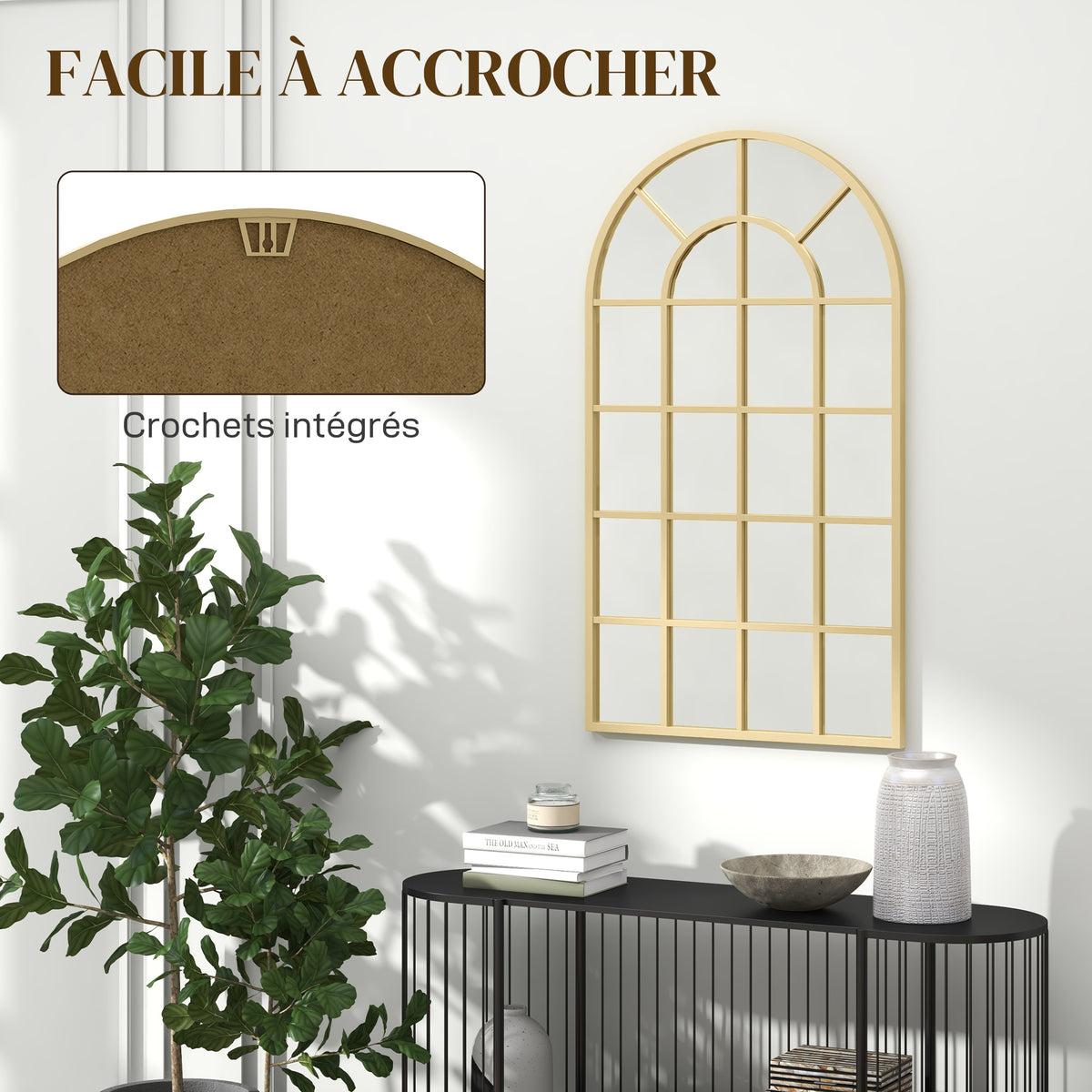 Specchio vetrata ad arco stile industriale finestra a tutto sesto metallo 110 x 65 cm dorato