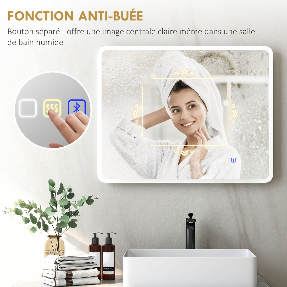 Miroir salle de bain LED bluetooth 70 x 90 cm interrupteur tactile lumière réglable 3 couleurs anti-buée mémoire argent