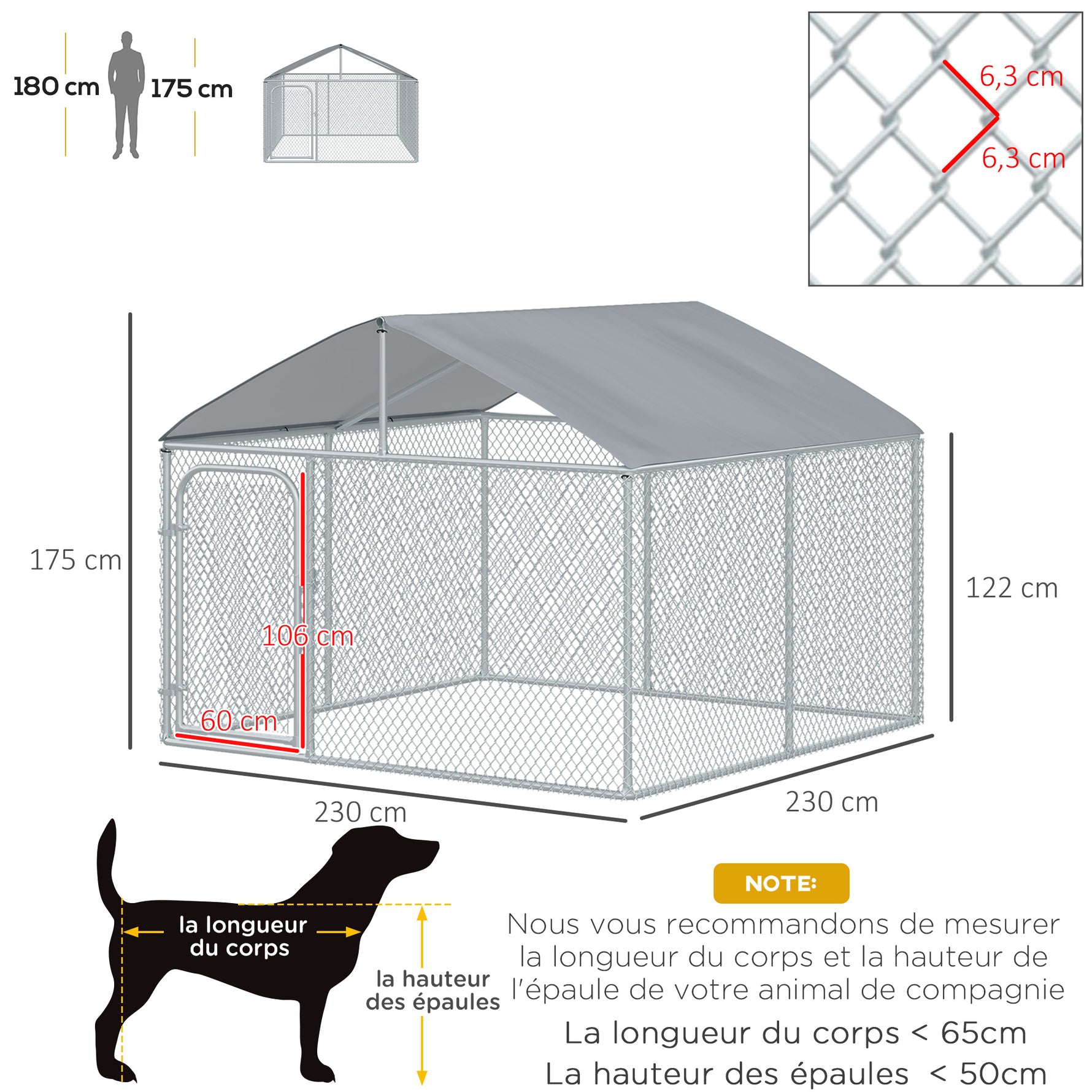 Chenil extérieur avec toit pour chien 5 m² parc grillagé espace couvert acier galvanisé 230 x 230 x 175 cm