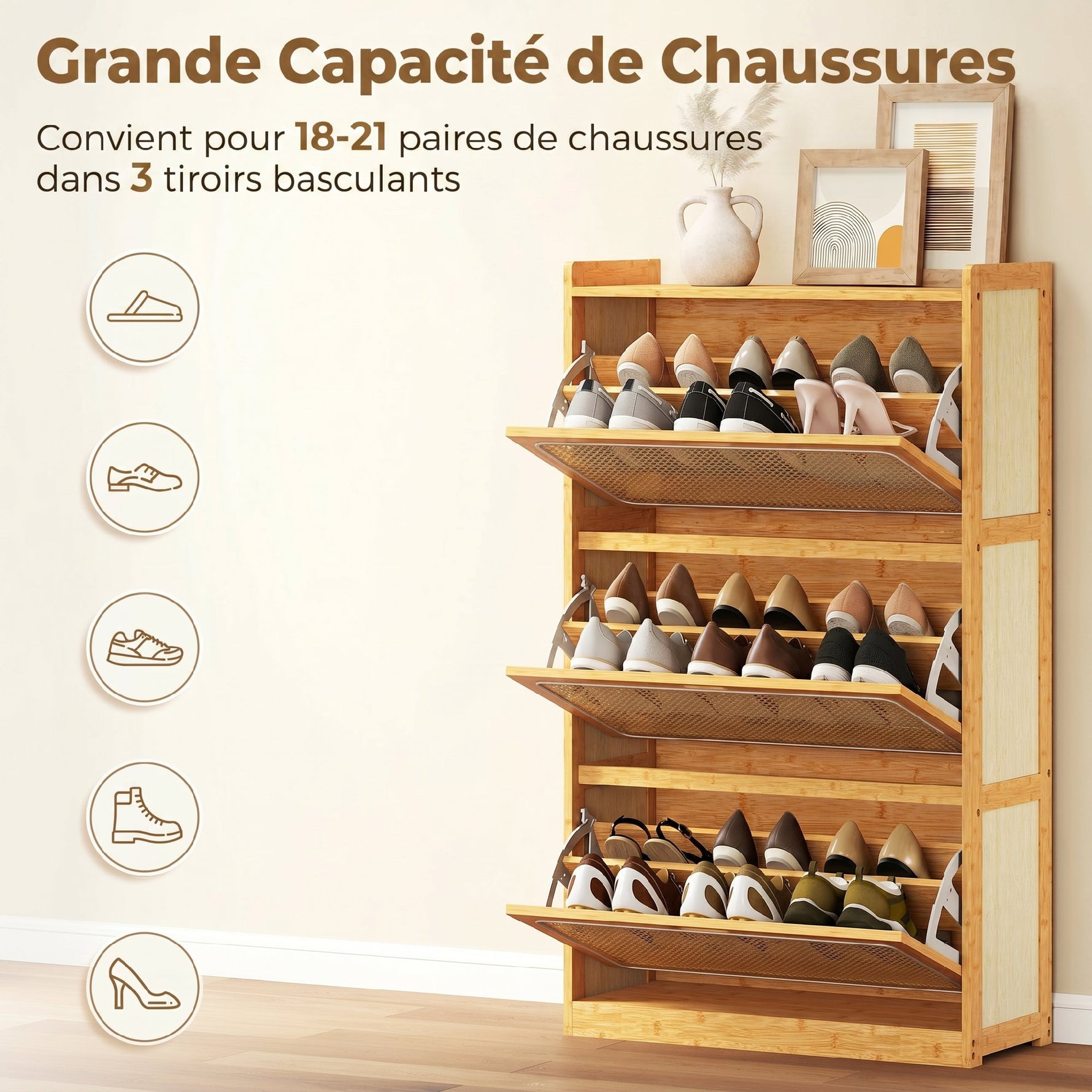 Meuble à chaussures 14 paires, armoire à chaussures 3 tiroirs rabattables, étagères réglables 69x29x119,8cm bois naturel