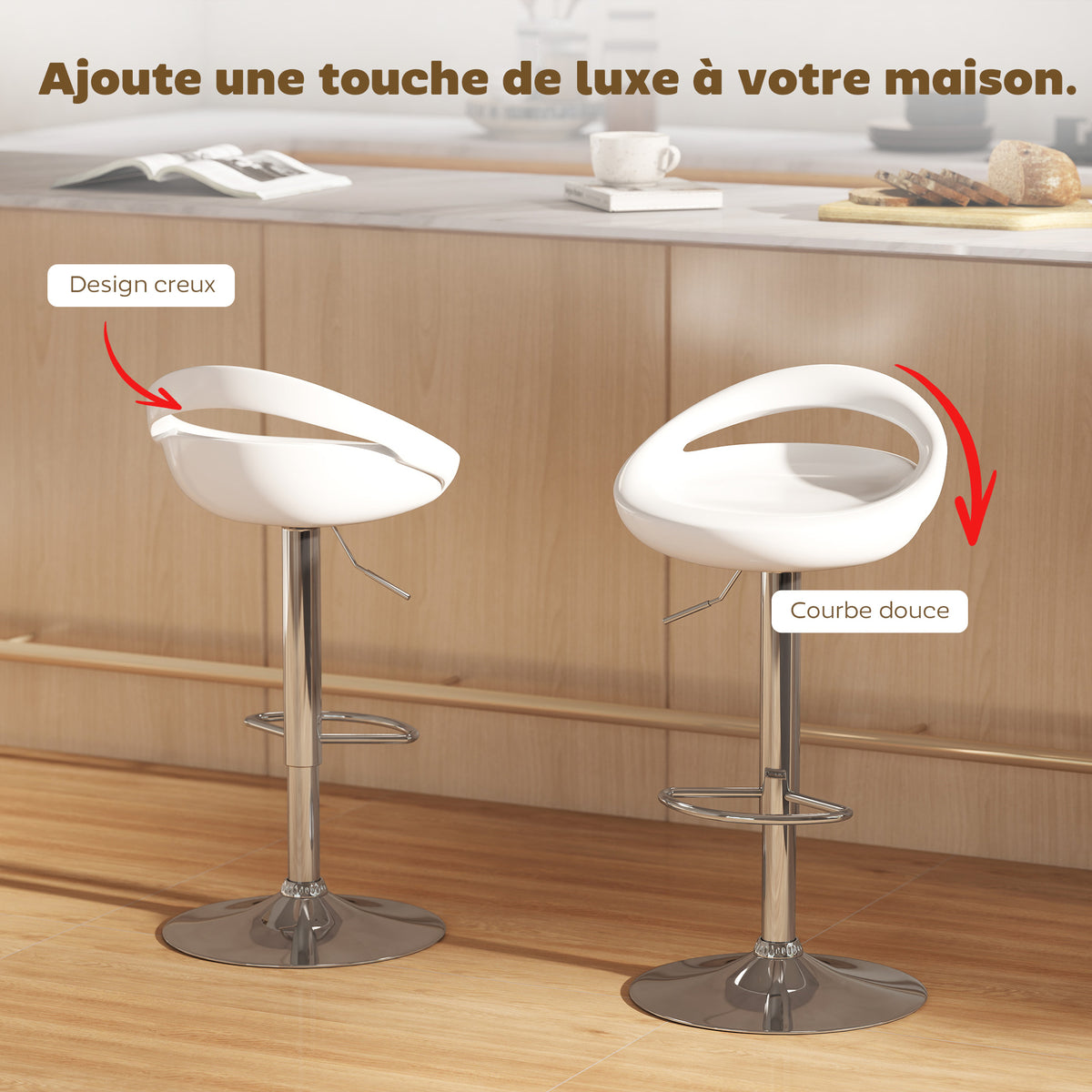 Lot de 2 tabourets de bar chaises de bar hauteur réglable dossier et repose-pieds pivotant à 360° 46x41x76-96cm blanc