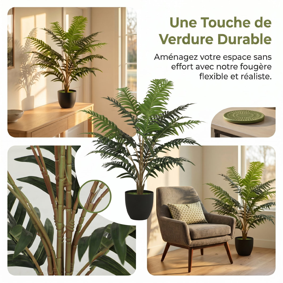 Plante artificielle intérieure 90 cm fougère arbre artificiel en pot avec branches flexibles, intérieure et extérieure