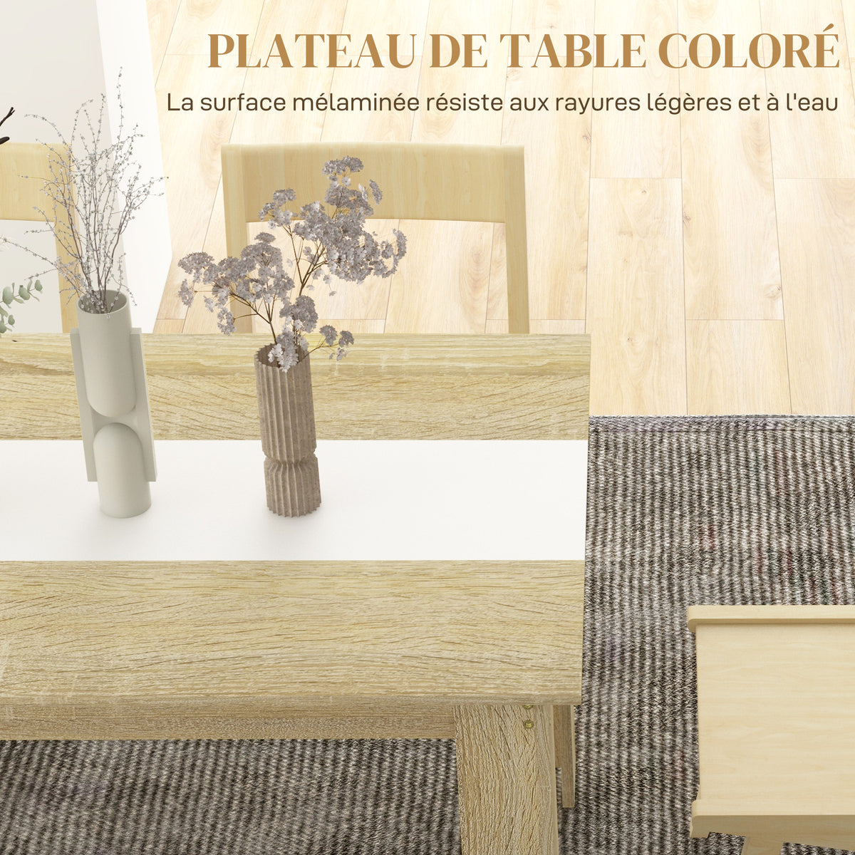 Table de salle à manger pour 6 personnes en bois aspect naturel et blanc, dim. 140L x 90l x 75H cm