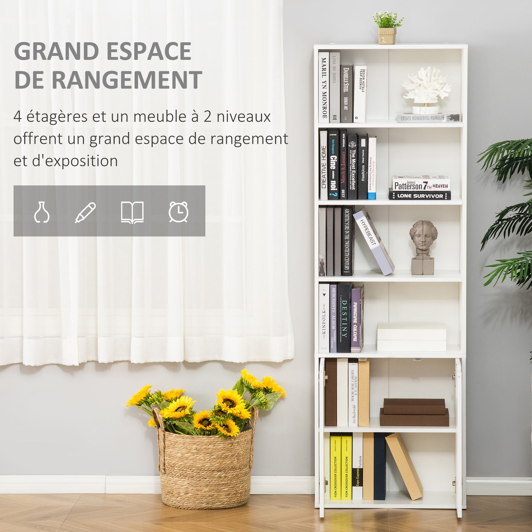 Bibliothèque Armoire à livres avec 4 compartiments ouverts et 2 portes pour le salon et le bureau 59x29x180 cm Blanc