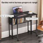 Bureau pliable sur roulettes 80 x 50 cm avec étagère et sac de rangement, noir