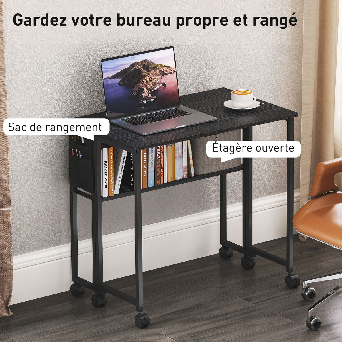 Bureau pliable sur roulettes 80 x 50 cm avec étagère et sac de rangement, noir