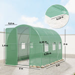 Serre tunnel de jardin 6m², serre de jardin tunnel 200x300x200cm porte et 6 fenêtres, bâche PE 140 g/m² vert
