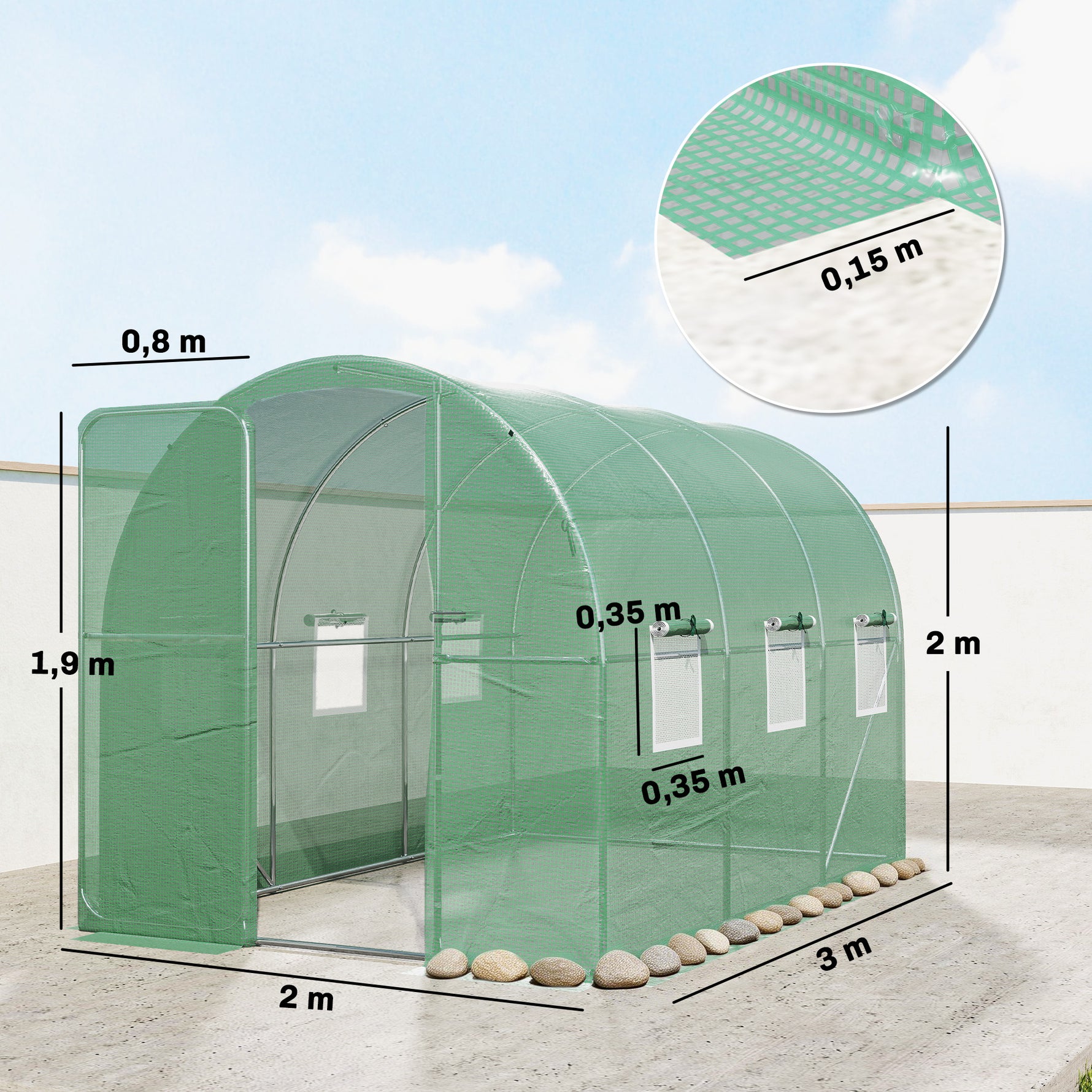 Serre tunnel de jardin 6m², serre de jardin tunnel 200x300x200cm porte et 6 fenêtres, bâche PE 140 g/m² vert