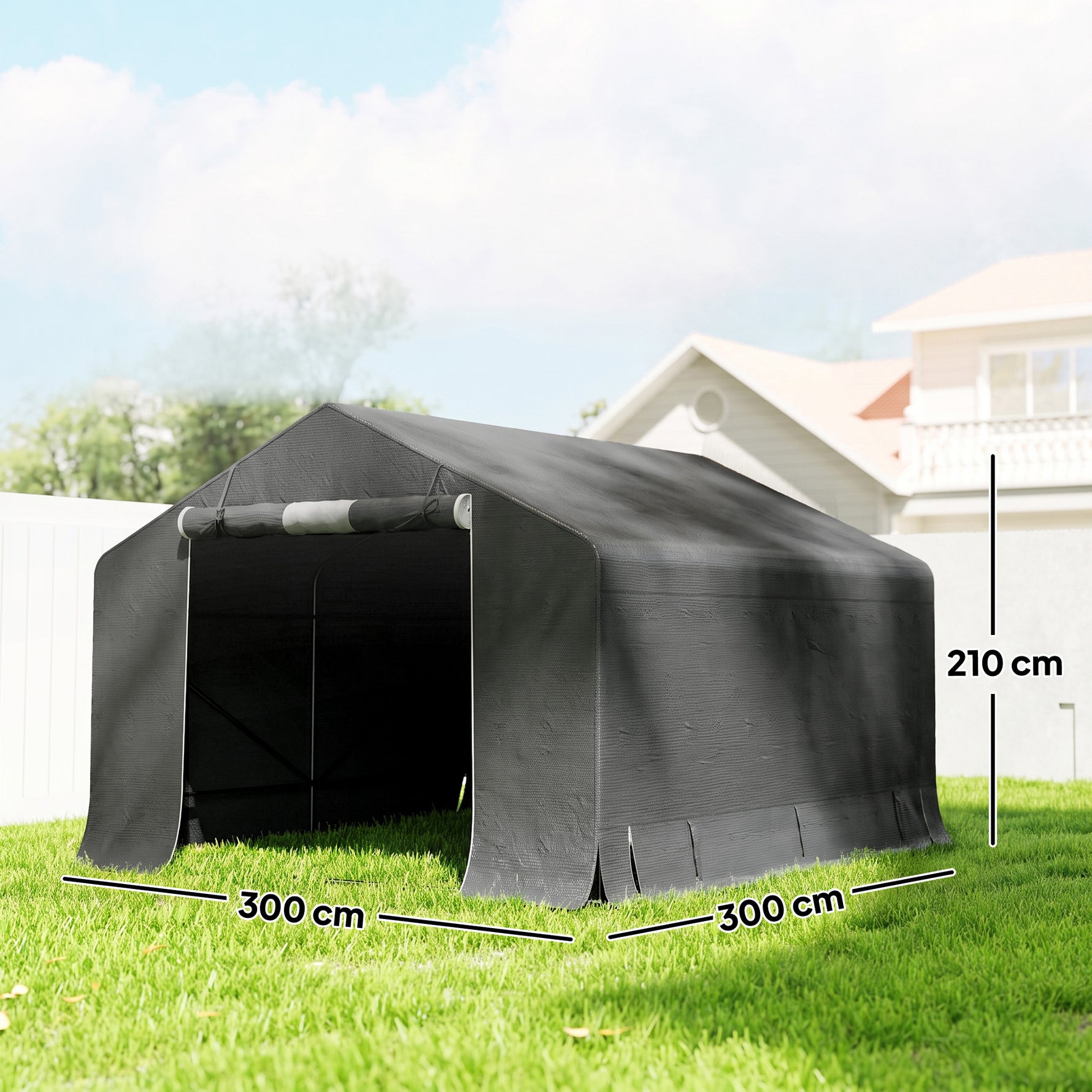 Abri de jardin tente de stockage imperméable abri moto porte enroulable fermeture éclair, 300 x 300 x 210 cm, gris foncé