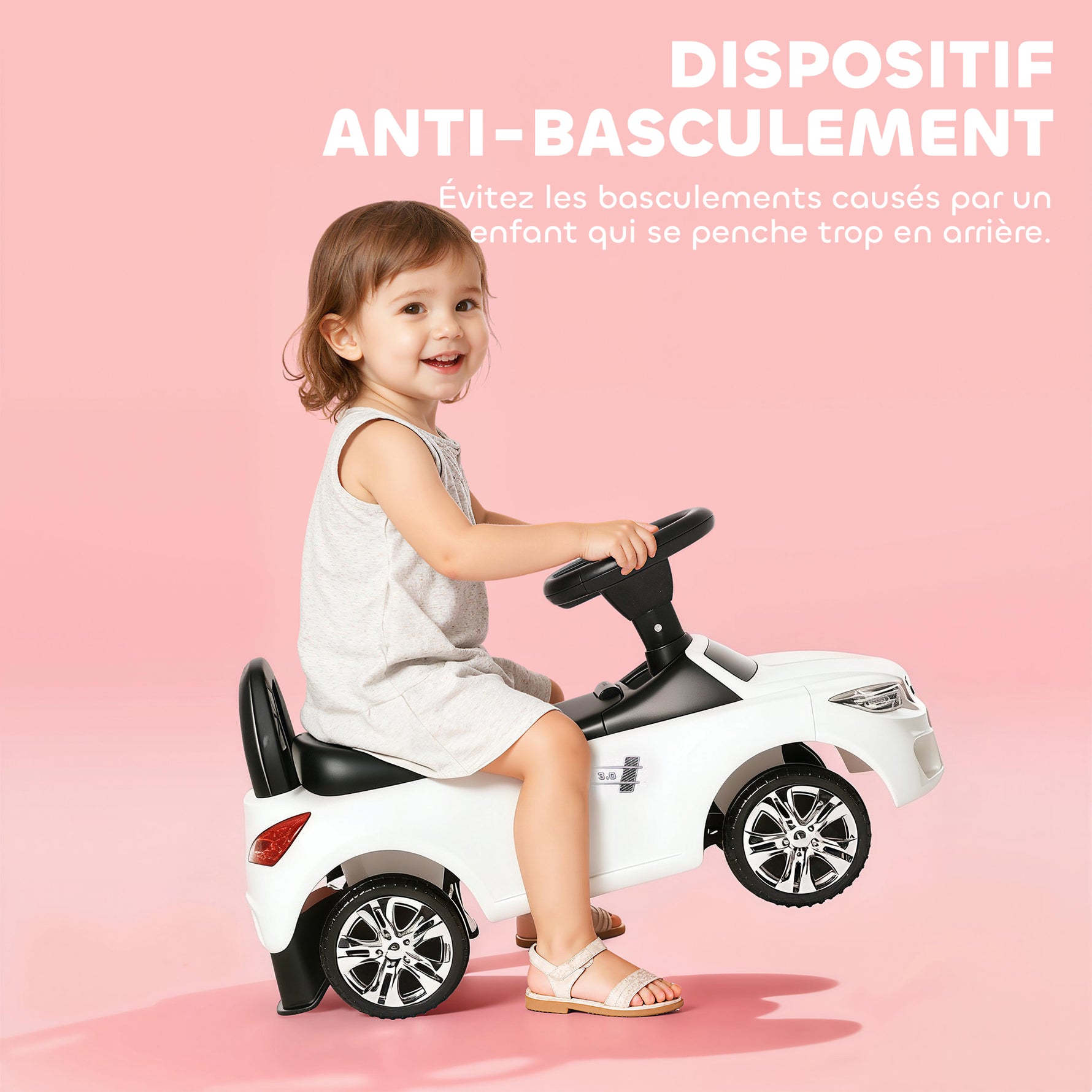 Porteur enfants voiture, véhicule à pousser avec coffre à jouets, klaxon, phares et musique, 63,5 x 28 x 36 cm, blanc