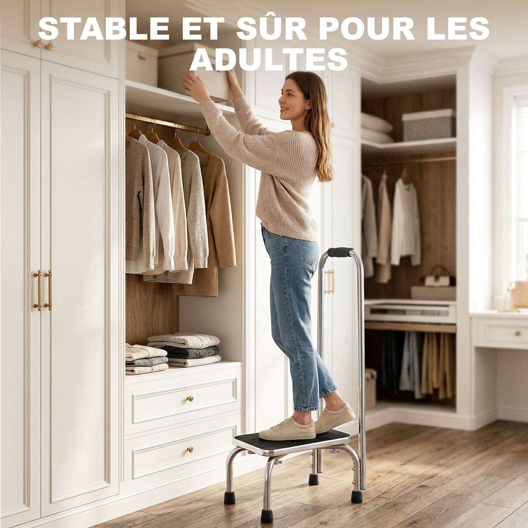 Marche avec Barre d'appui - marchepied de sécurité - Plateforme & Patins antidérapants - Acier galvanisé, gris et noir