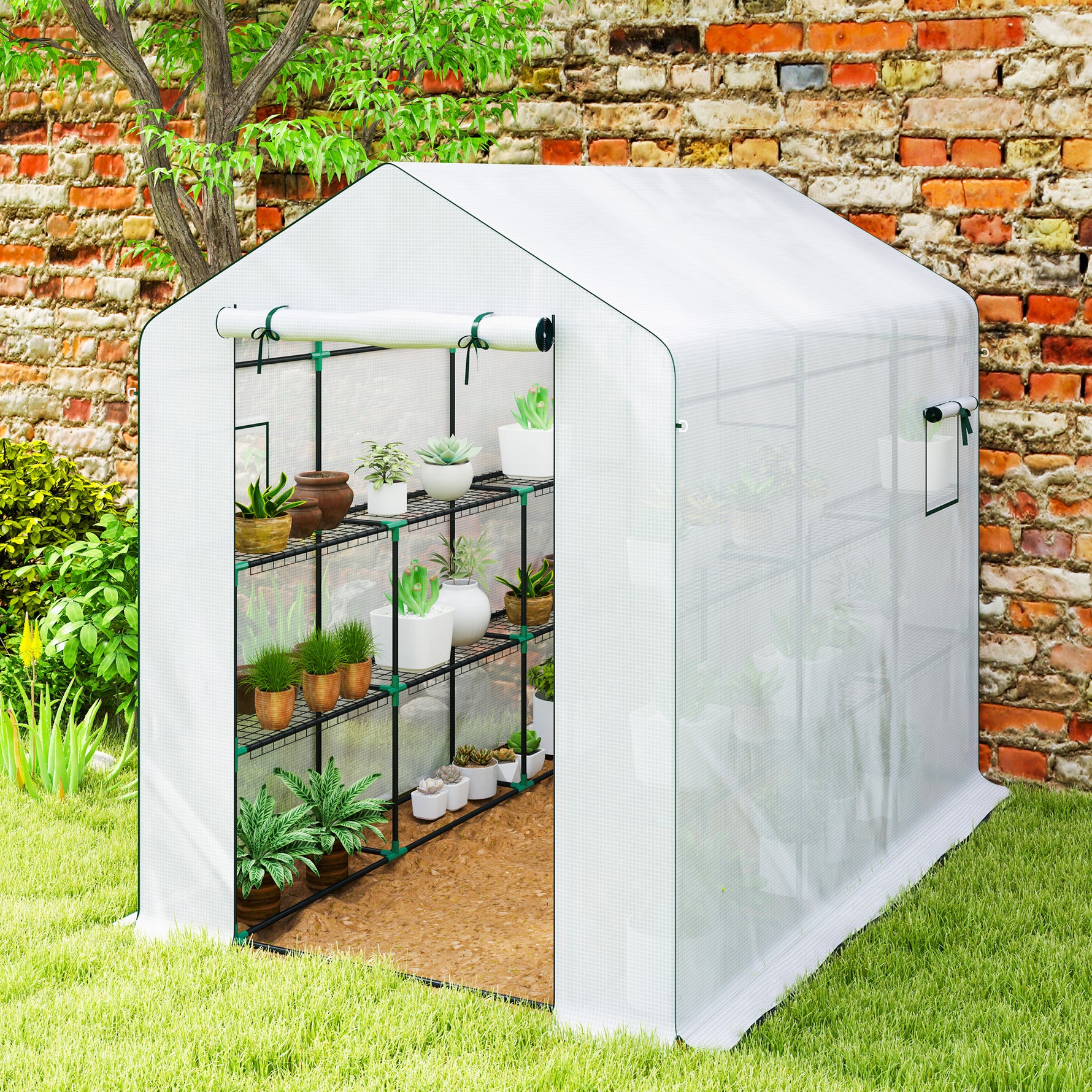 Serre de jardin 3 m² avec étagères 3 niveaux, PE renforcée 135 g/m² anti-UV, porte enroulable et fenêtres en maille