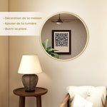 Miroir mural rond Ø 61 cm, cadre en alliage d'aluminium, pour salle de bain, chambre, salon, couloir, doré