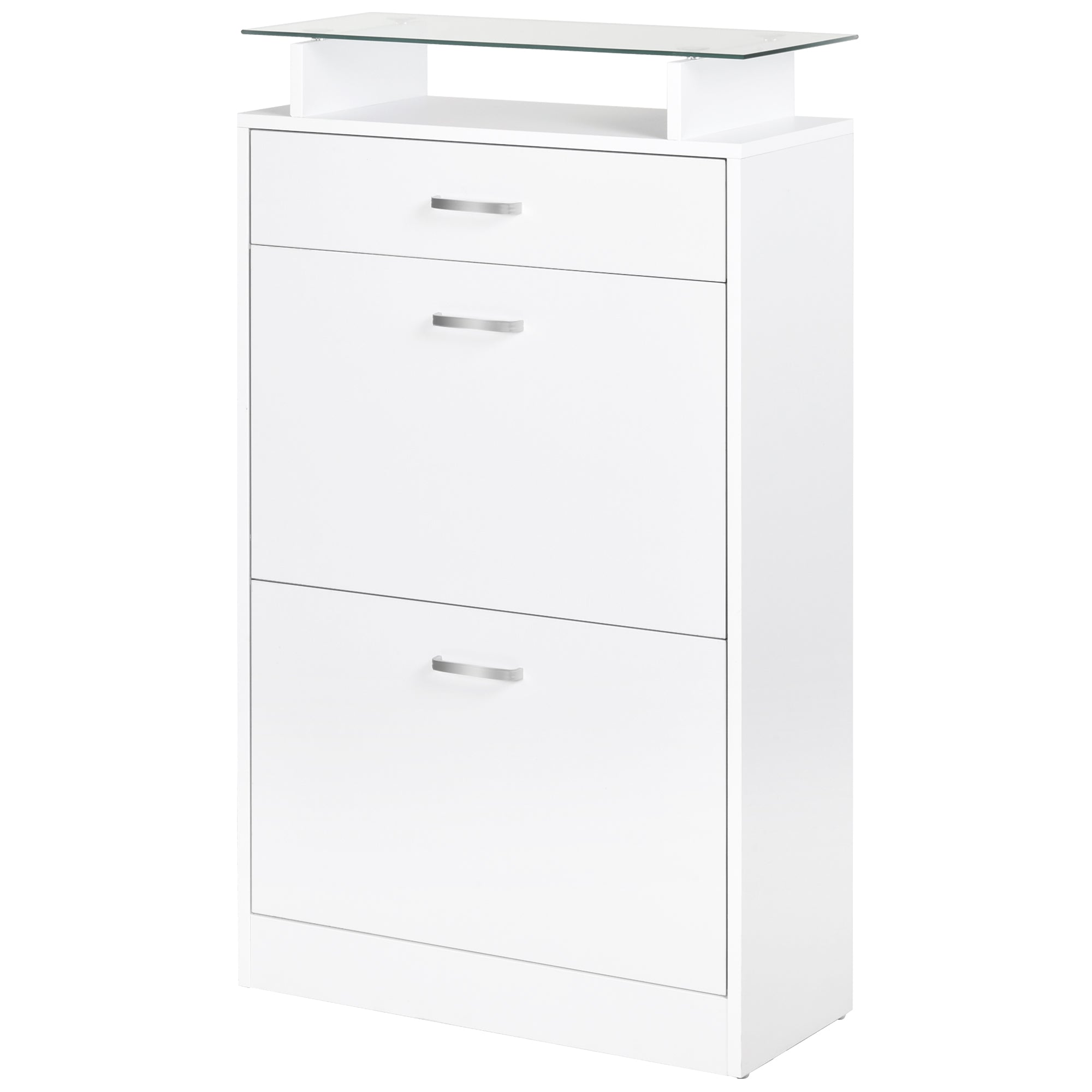Shoe Cabinet Shoe Storage Unit 2 Drop-down Doors 2 Compartments, Drawer, Glass Top - White Oak Wood