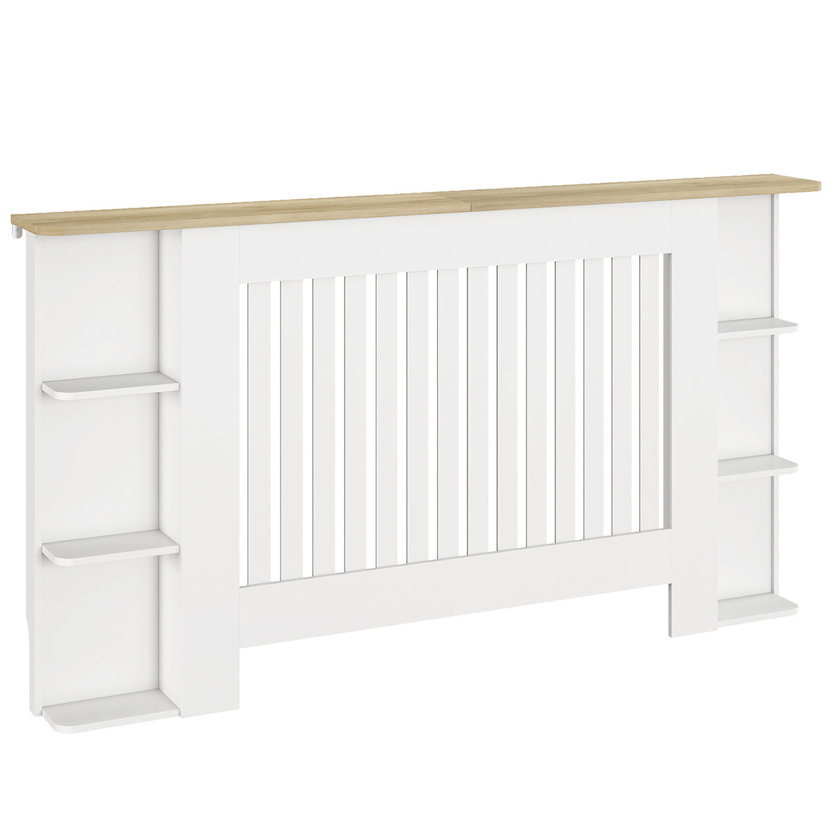 Cache-radiateur avec étagères de rangement ouvertes, couvercle de radiateur en bois à lattes, 152x19x83cm, blanc